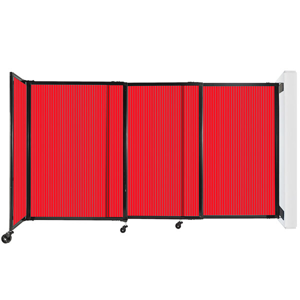 A red and black wall-mounted Versare StraightWall room divider with black wheels.