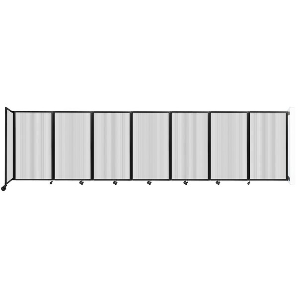 A clear poly wall-mounted room divider with black and white lines.