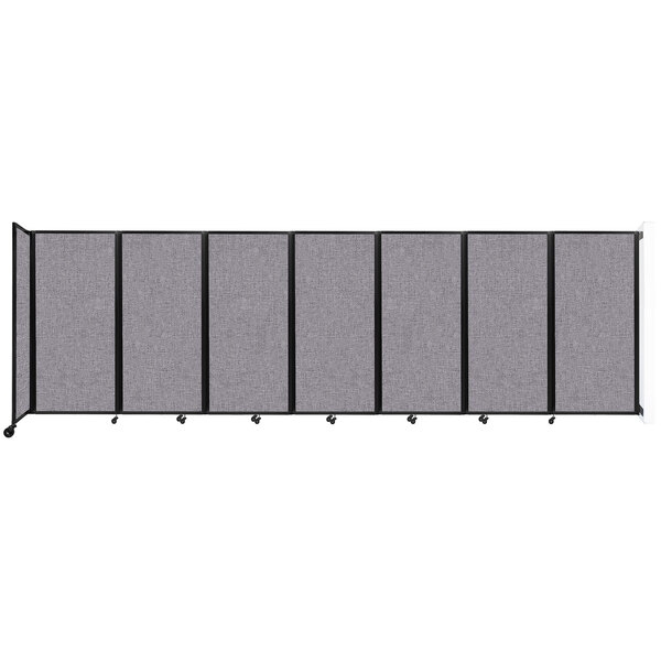 A grey Versare wall-mounted room divider screen with black trim.
