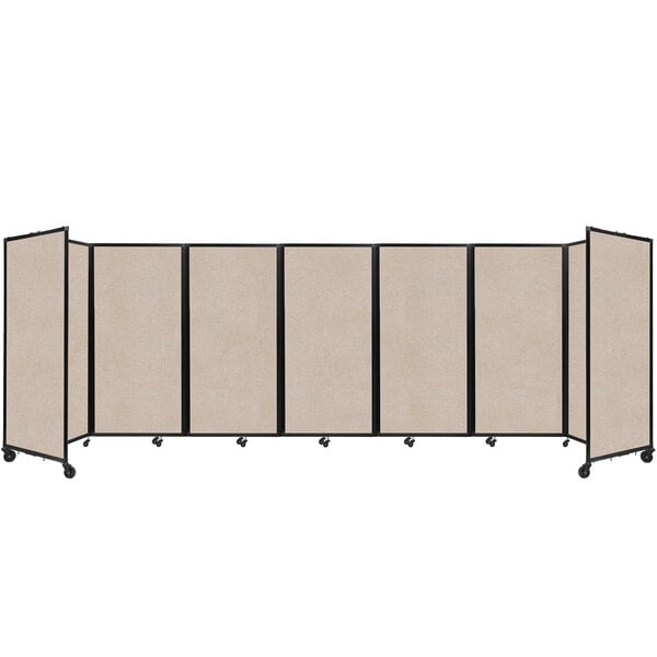 A beige Versare SoundSorb room divider with black wheels.