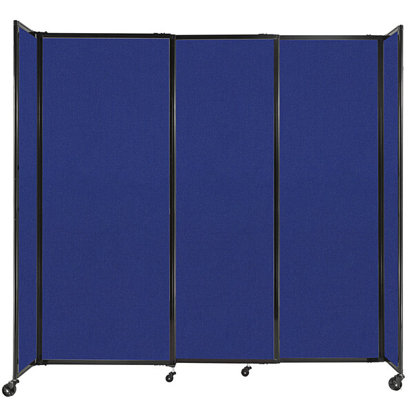 A Versare Royal Blue StraightWall sliding room divider with black frame and wheels.