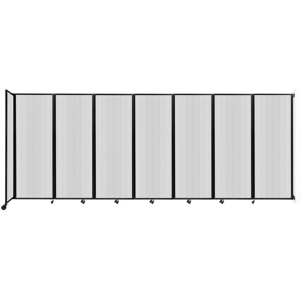 A clear poly wall-mounted room divider with black trim.