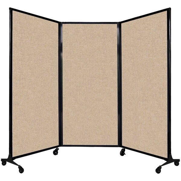 A Versare beige room divider with a black frame and tan fabric.