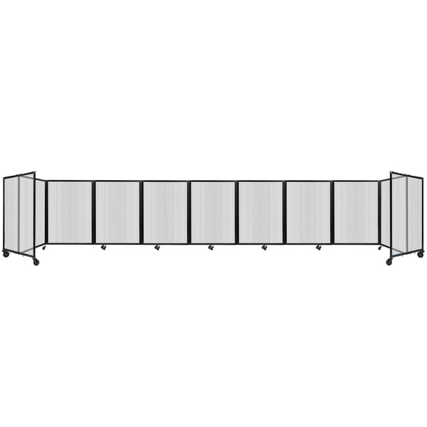 A clear polycarbonate room divider with four foldable panels.