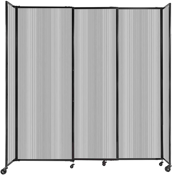 A clear poly room divider on wheels.