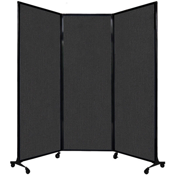 A Versare room divider with black fabric on wheels.