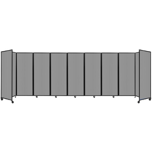 A light gray Versare room divider with four black panels on wheels.