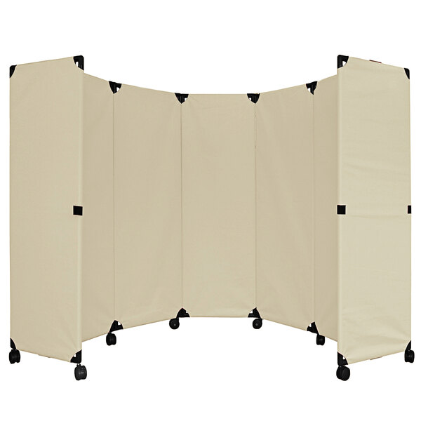 A beige rectangular Versare portable partition with black wheels.