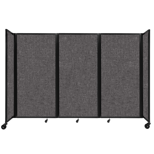 A Versare charcoal gray foldable room divider with wheels.