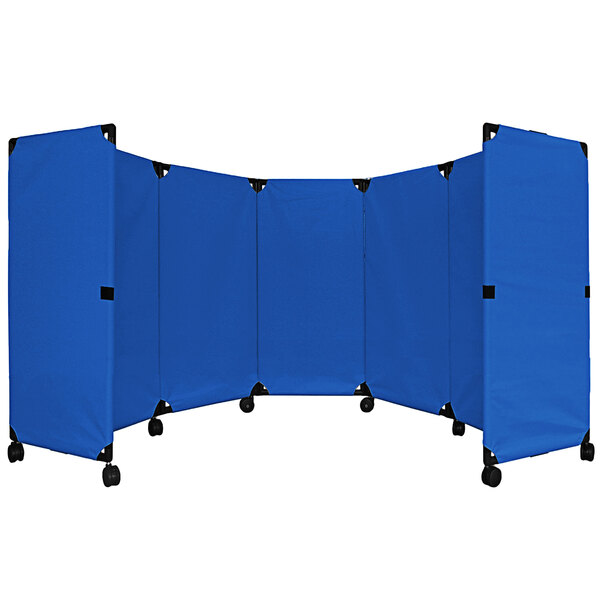 A blue Versare MP10 economical folding partition with black wheels.