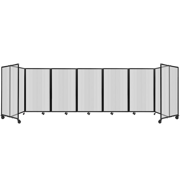 A clear polycarbonate Versare room divider with three panels and wheels.