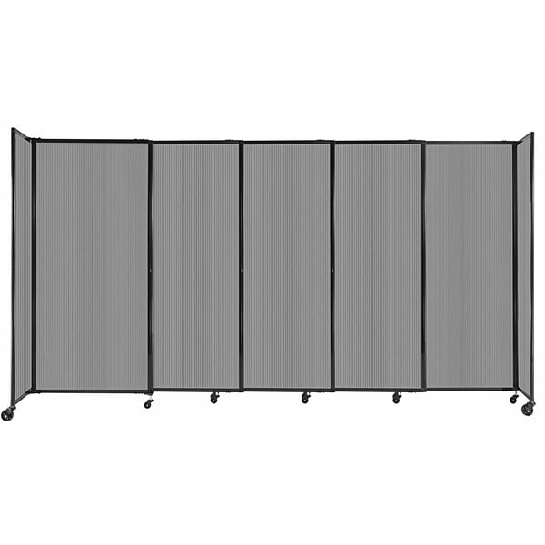 A light gray Versare room divider with black metal frame.