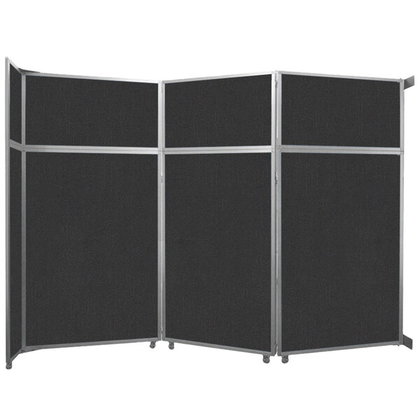 A black Versare folding room divider with silver trim.