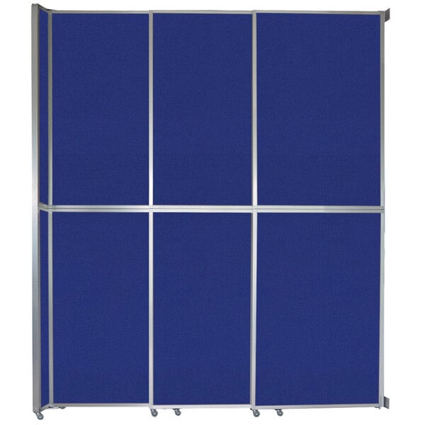 A blue rectangular Versare sliding room divider with silver trim.