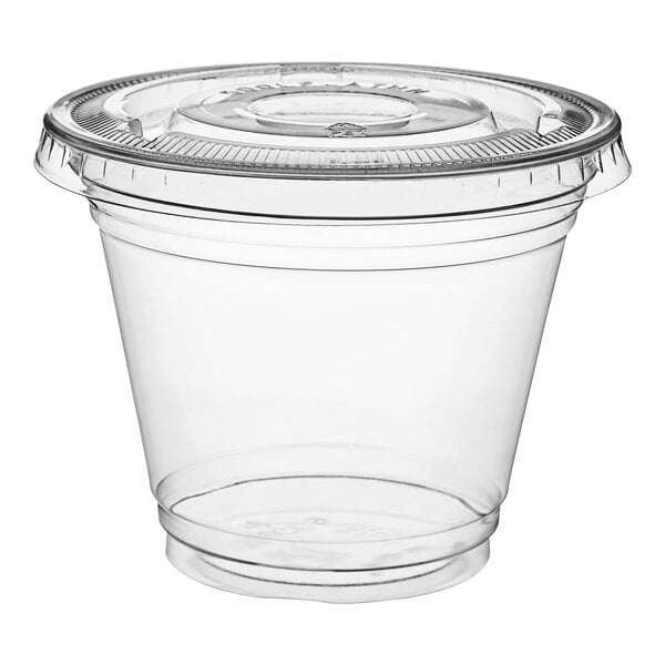 A Choice clear PET plastic container with a flat lid.