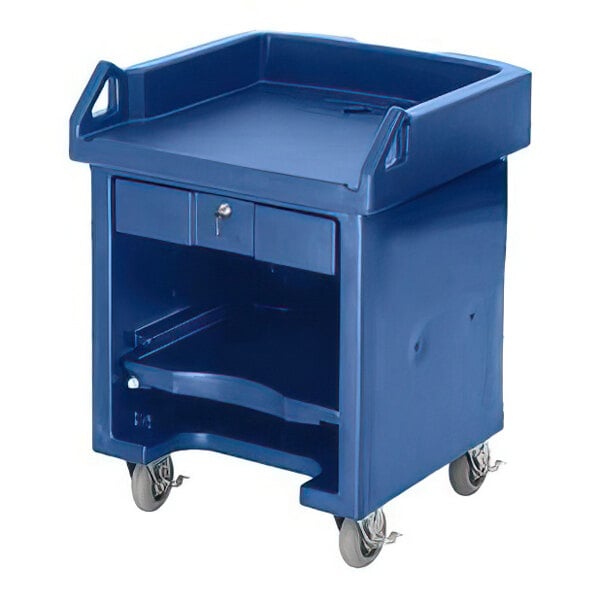 A blue rolling cart with a raised edge top, a lockable drawer, an open shelf, and four caster wheels.