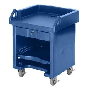 A blue plastic Cambro Versa Cart with standard casters.