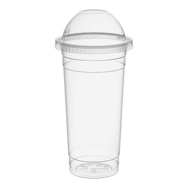 A clear 24 oz. heavy-duty PET plastic cold cup with a dome lid and no hole.