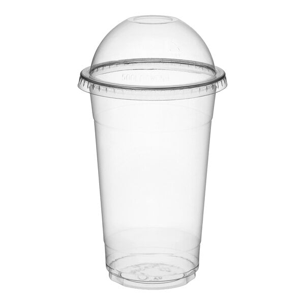 A clear plastic cup with a dome-shaped lid, both transparent and empty, shown against a white background.