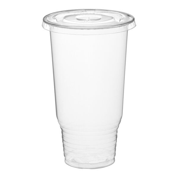 A clear plastic cup with a flat lid, shown against a white background.