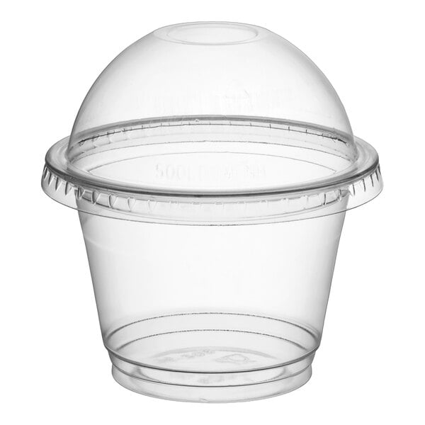 A clear plastic cup with a dome-shaped lid that has no hole.