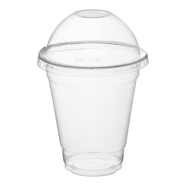 A clear plastic cup with a dome-shaped lid, both transparent and unmarked, shown against a white background.