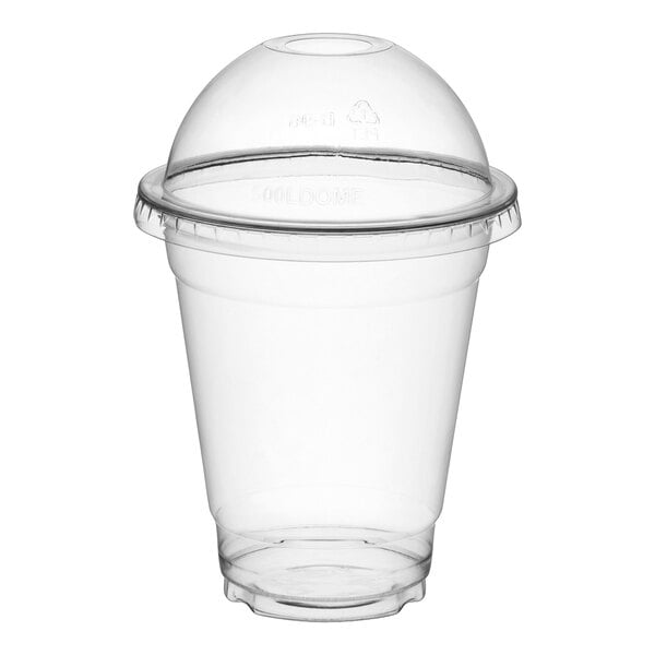 A clear plastic cup with a dome-shaped lid and a small opening at the top, shown against a white background.