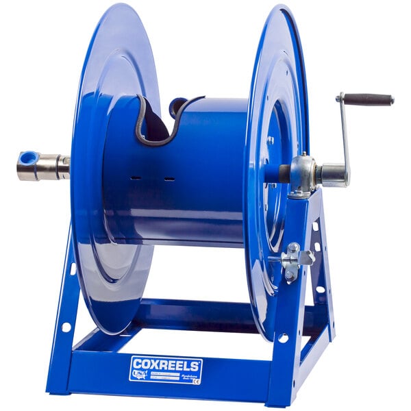 A blue Coxreels hand crank hose reel with a metal handle.