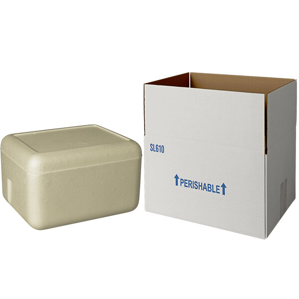 An insulated shipping box with a white biodegradable cooler inside.