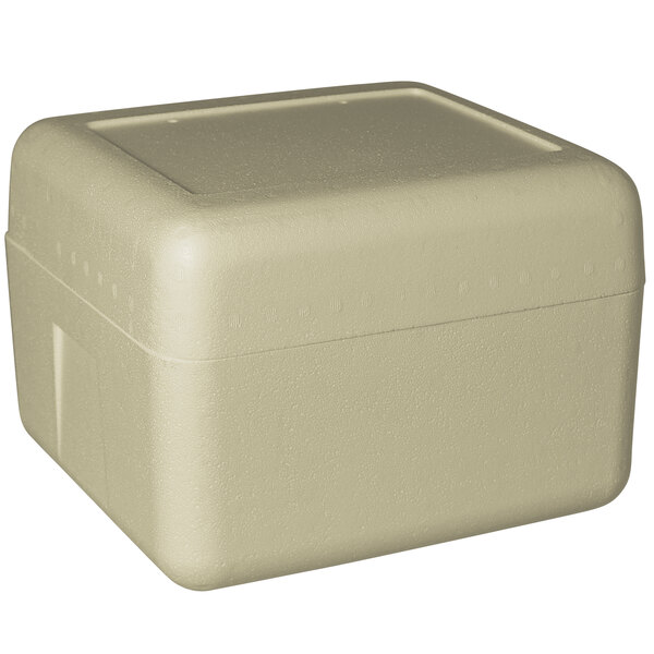 An insulated beige biodegradable cooler with a lid.