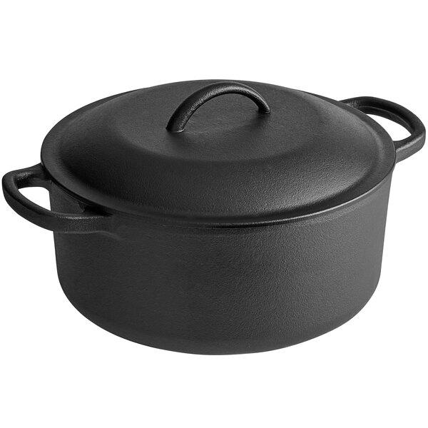 A black cast iron Valor Dutch oven with a lid.