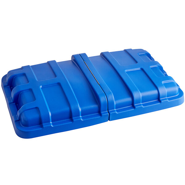 A blue plastic lid for a Lavex cube truck.