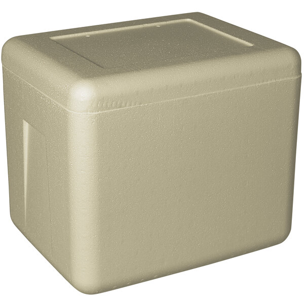 A beige insulated biodegradable cooler box with a lid.