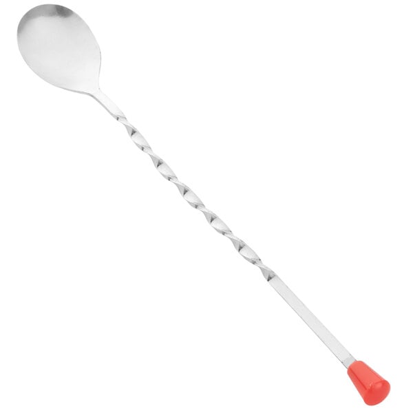 An American Metalcraft stainless steel bar spoon with a twisted handle and a red knob.