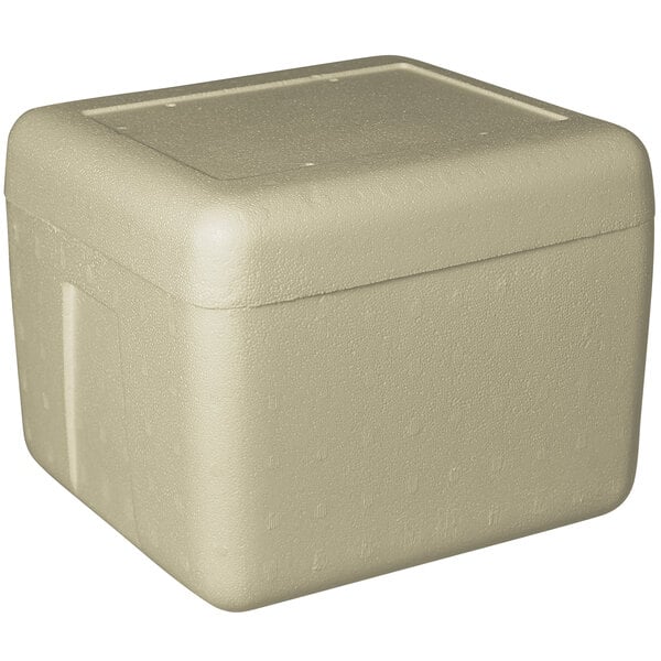 An insulated beige cooler box with a lid.