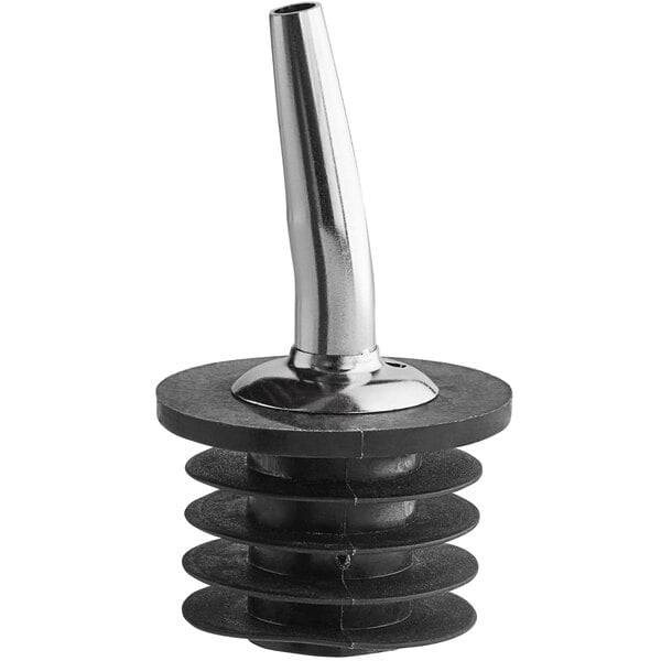 A silver metal American Metalcraft liquor pourer with a stopper.