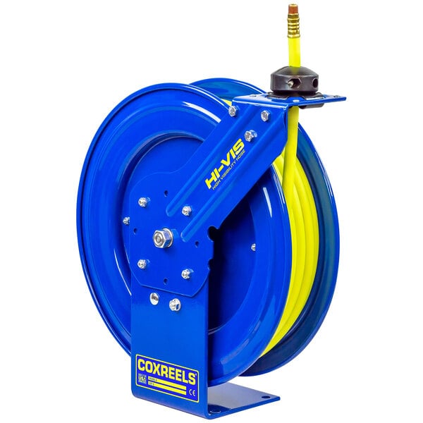 A blue Coxreels hose reel with a yellow handle.