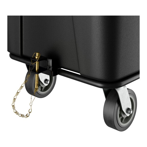 A black towable cube truck with two swivel caster wheels and a metal tow hitch attachment.