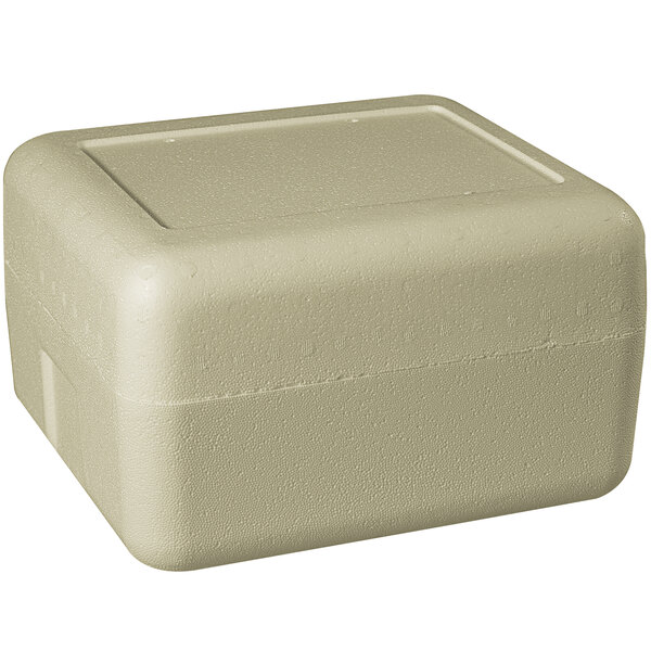 An insulated white styrofoam cooler with a lid.