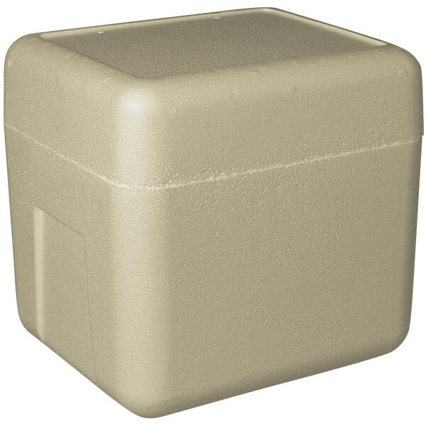 An insulated beige biodegradable cooler with a lid.