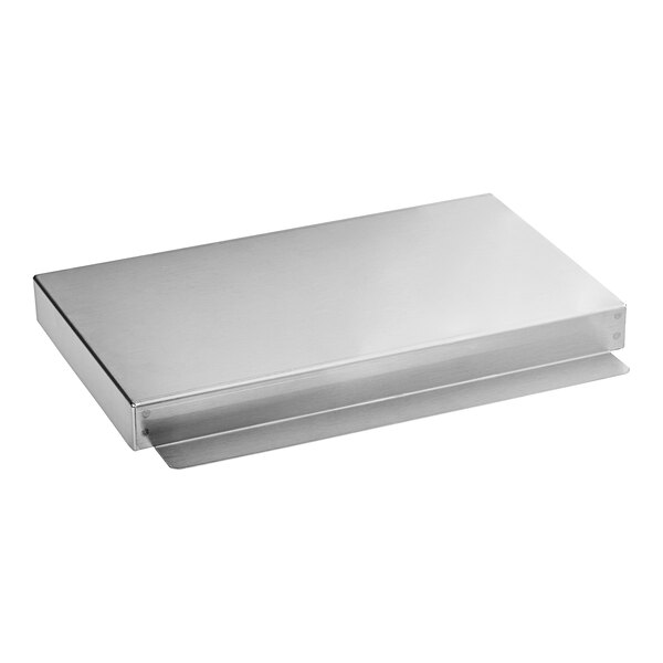 A stainless steel rectangular drip tray with a lid on top.