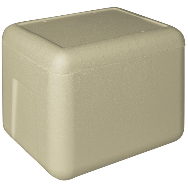 A beige insulated foam cooler with a lid.