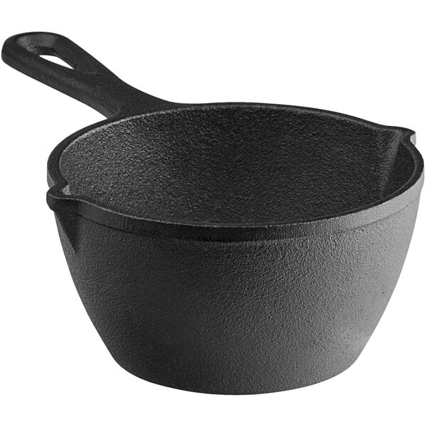 A Valor pre-seasoned black cast iron melting pot with a handle.