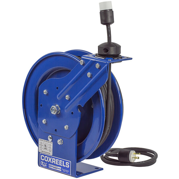 A blue Coxreels heavy-duty power cord reel with a black cord.
