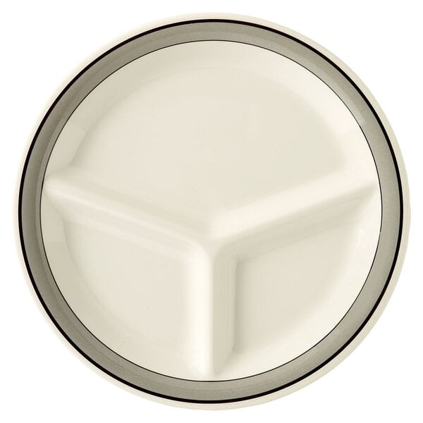 A white GET Diamond Cambridge 3-compartment plate with a black rim.
