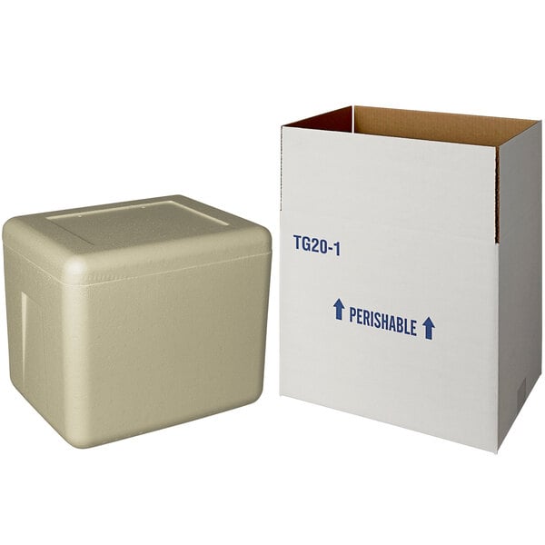 A white insulated shipping box and a white insulated cooler box with a lid.