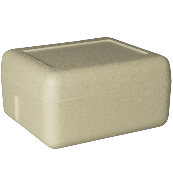 An insulated white foam cooler with a square lid.