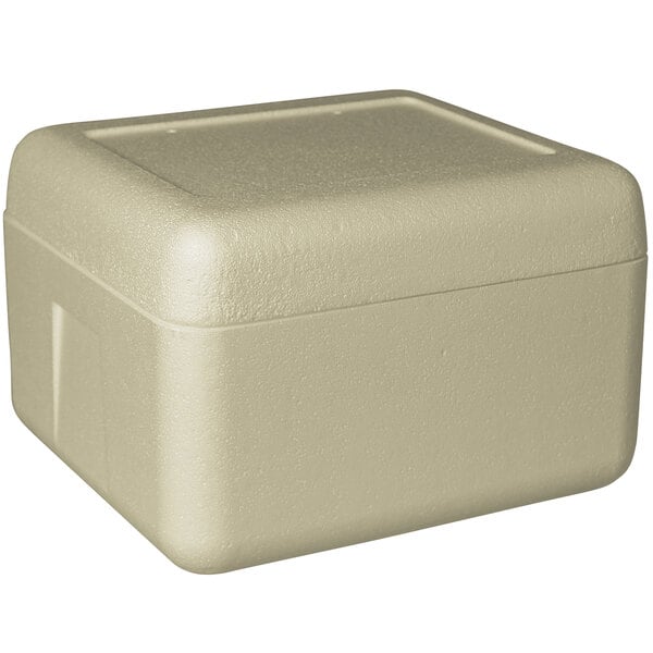 An insulated beige biodegradable cooler box.