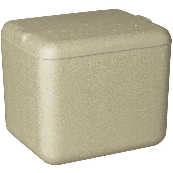 A beige insulated cooler box with a lid.