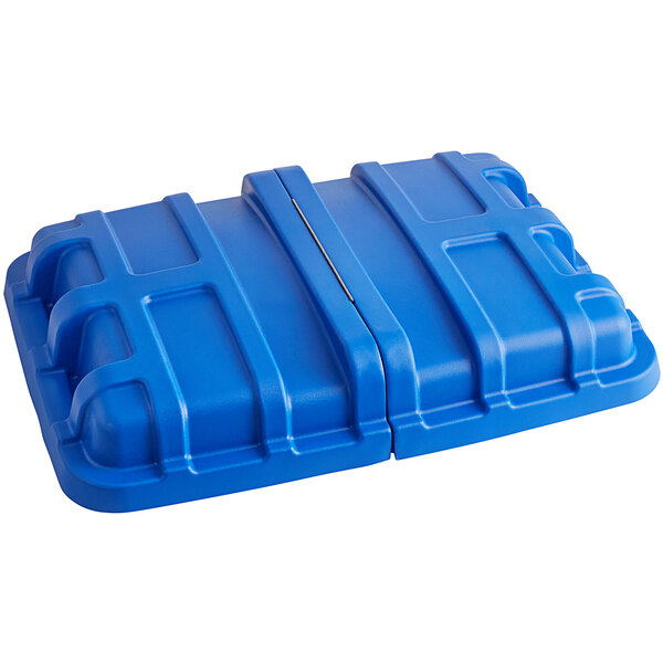 A blue plastic lid for a Lavex cube truck.